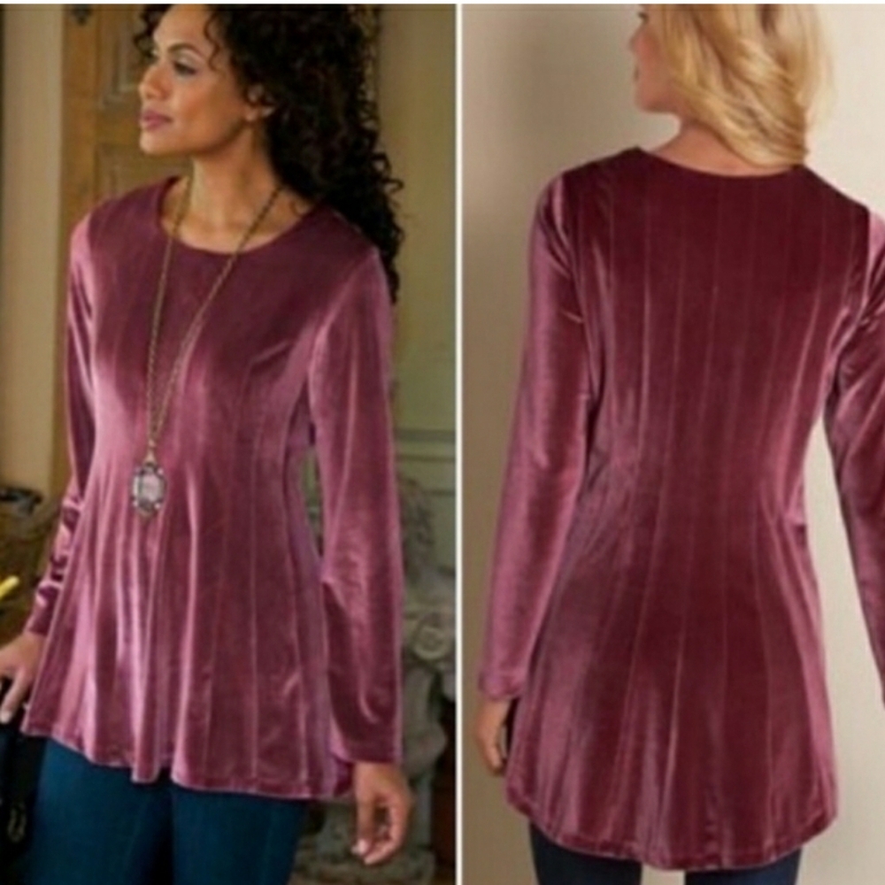 Soft Somurroundings Size Small Velvet Long Sleeve Top - Pink With Pleated Flare